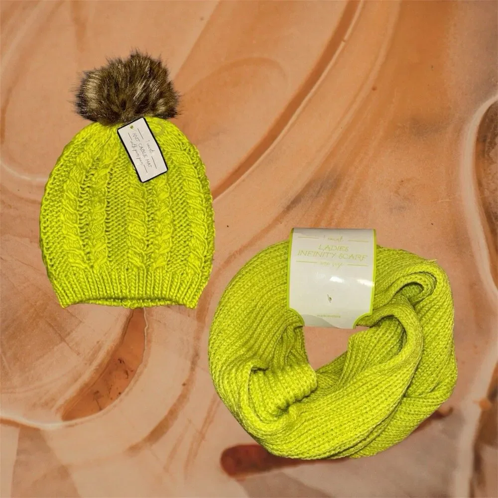 Lime Green Cable-Knit Beanie Hat w/ Faux Fur Pom-Pom and Infinity Scarf OSFM